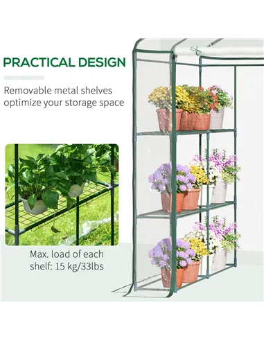 Outsunny Walk in Greenhouse with 3-Tier 8 Shelves, Green House with Hemmed Cover, Roll-up Zipped Door, Steel Frame, 143 x 143 x 