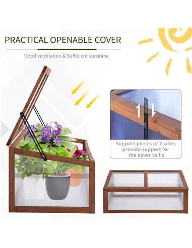 Outsunny Wooden Cold Frame, Small Polycarbonate Greenhouse for Plants with Openable & Tilted Top Cover, Brown, 100 x 65 x 40cm