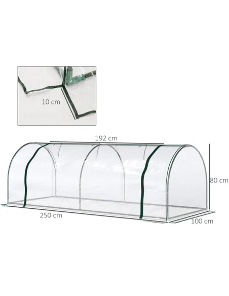 Outsunny Mini Greenhouse, Small Polytunnel Green House with Zipped Doors, Steel Frame for Garden Patio, 250 x 100 x 80cm, Clear
