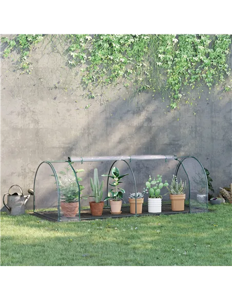 Outsunny Mini Greenhouse, Small Polytunnel Green House with Zipped Doors, Steel Frame for Garden Patio, 250 x 100 x 80cm, Clear