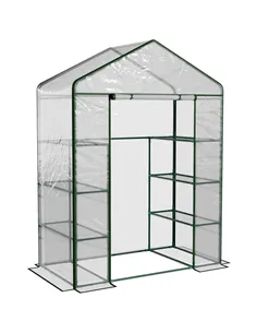 Outsunny Walk in Greenhouse with 4-Tier 8 Shelves, Green House with Hemmed Cover, Roll-up Zipped Door, Steel Frame, 143 x 73 x 1