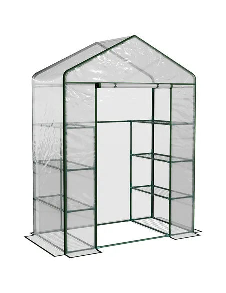 Outsunny Walk in Greenhouse with 4-Tier 8 Shelves, Green House with Hemmed Cover, Roll-up Zipped Door, Steel Frame, 143 x 73 x 1
