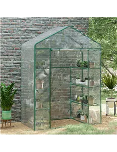 Outsunny Walk in Greenhouse with 4-Tier 8 Shelves, Green House with Hemmed Cover, Roll-up Zipped Door, Steel Frame, 143 x 73 x 1 2