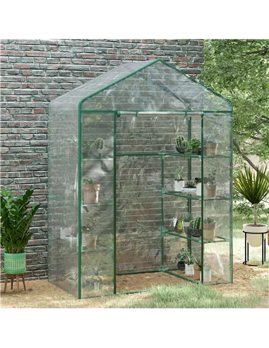 Outsunny Walk in Greenhouse with 4-Tier 8 Shelves, Green House with Hemmed Cover, Roll-up Zipped Door, Steel Frame, 143 x 73 x 1