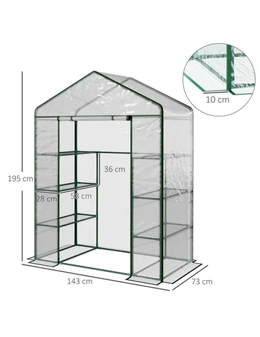 Outsunny Walk in Greenhouse with 4-Tier 8 Shelves, Green House with Hemmed Cover, Roll-up Zipped Door, Steel Frame, 143 x 73 x 1