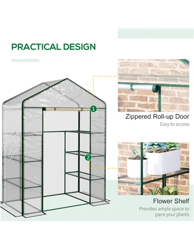 Outsunny Walk in Greenhouse with 4-Tier 8 Shelves, Green House with Hemmed Cover, Roll-up Zipped Door, Steel Frame, 143 x 73 x 1