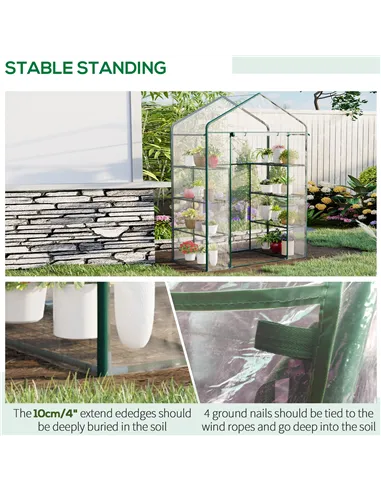 Outsunny Walk in Greenhouse with 4-Tier 8 Shelves, Green House with Hemmed Cover, Roll-up Zipped Door, Steel Frame, 143 x 73 x 1