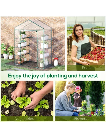Outsunny Walk in Greenhouse with 4-Tier 8 Shelves, Green House with Hemmed Cover, Roll-up Zipped Door, Steel Frame, 143 x 73 x 1