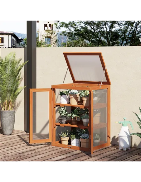 Outsunny 3-tier Wood Greenhouse Garden Polycarbonate Cold Frame Balcony Grow House w/ Storage Shelf for Plants, Flowers, Orange