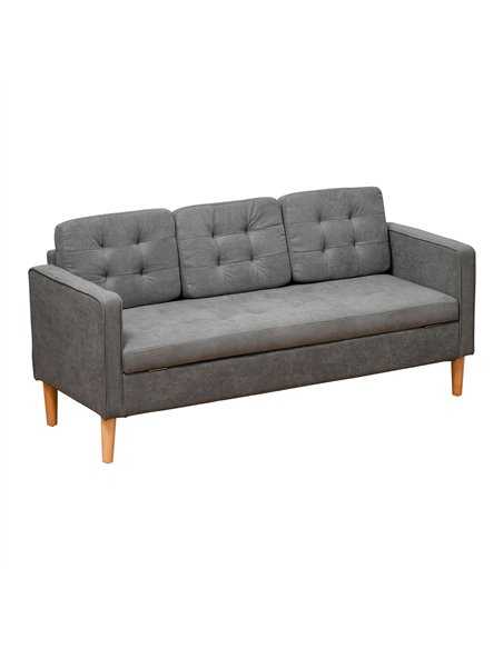 HOMCOM Modern 3 Seater Sofa with Hidden Storage, 169cm Tufted Cotton Couch with Wood Legs, Compact Sofa for Living Room, Grey