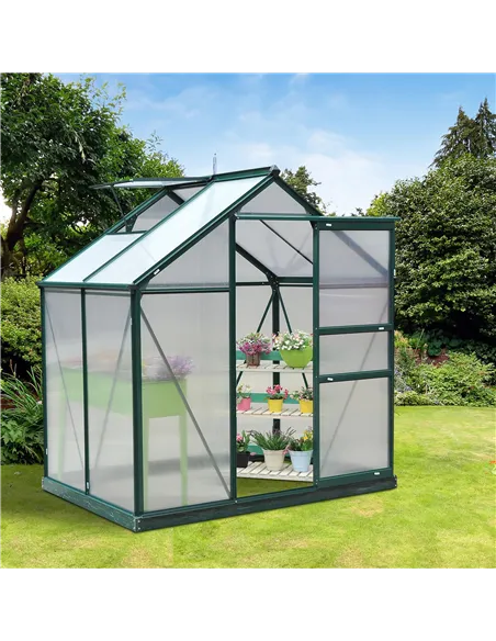 Outsunny 6 x 4ft Polycarbonate Greenhouse, Large Walk-In Green House with Slide Door and Window, Garden Plants Grow House with A