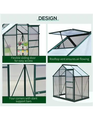 Outsunny 6 x 4ft Polycarbonate Greenhouse, Large Walk-In Green House with Slide Door and Window, Garden Plants Grow House with A