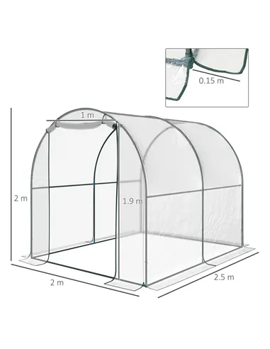 Outsunny Walk-in Polytunnel Greenhouse with Roll-up Door Transparent Tunnel Greenhouse with Steel Frame and PVC Cover, 2.5 x 2m