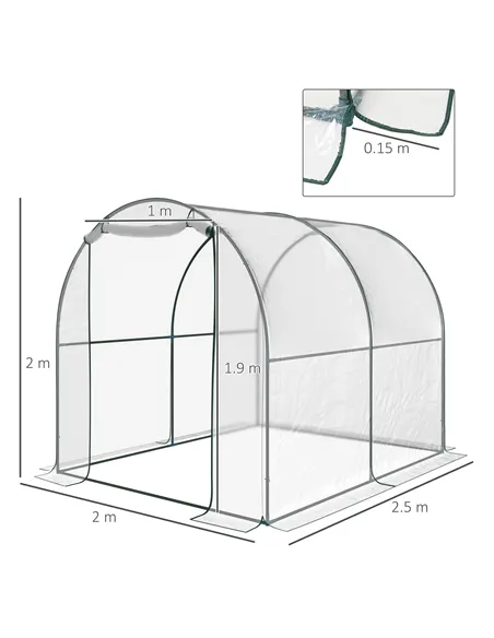 Outsunny Walk-in Polytunnel Greenhouse with Roll-up Door Transparent Tunnel Greenhouse with Steel Frame and PVC Cover, 2.5 x 2m