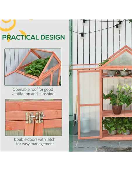 Outsunny Garden Cold Frame Polycarbonate Greenhouse with Adjustable Shelves, Double Doors, Openable Top Covers, Grow House for F