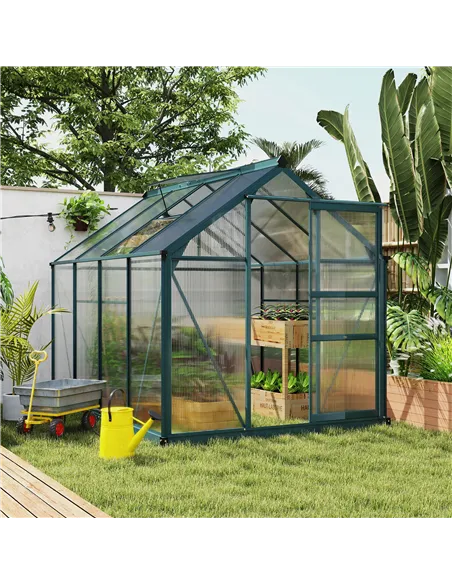 Outsunny 6 x 8ft Polycarbonate Greenhouse, Large Walk-In Green House with Slide Door and Window, Garden Plants Grow House with A