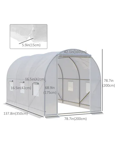 Outsunny 3.5 x 2 x 2 m Polytunnel Greenhouse, Walk-in Green House for Garden with Mesh Windows, Galvanised Steel Frame, White