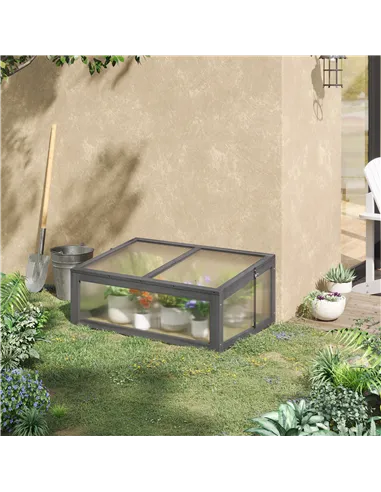 Outsunny Wooden Cold Frame, Small Polycarbonate Greenhouse for Plants with Openable & Tilted Top Cover, Grey, 100 x 65 x 40cm