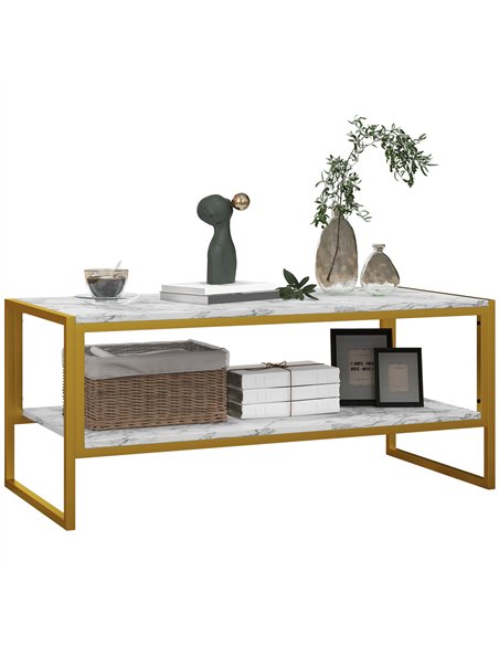 HOMCOM Coffee Table, Two-Tier Faux Marble Effect Centre Table with Metal Frame and Storage Shelf for Living Room, 106 x 50 x 45c