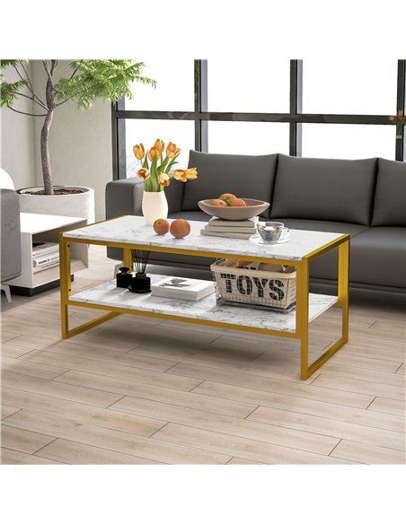 HOMCOM Coffee Table, Two-Tier Faux Marble Effect Centre Table with Metal Frame and Storage Shelf for Living Room, 106 x 50 x 45c