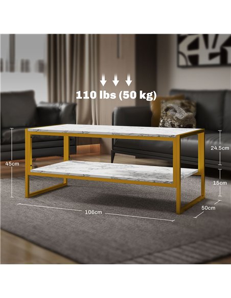 HOMCOM Coffee Table, Two-Tier Faux Marble Effect Centre Table with Metal Frame and Storage Shelf for Living Room, 106 x 50 x 45c