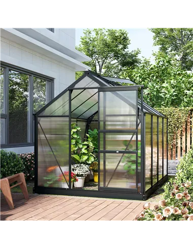 Outsunny 6 x 8ft Polycarbonate Greenhouse, Large Walk-In Green House with Slide Door and Window, Garden Plants Grow House with A