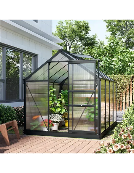 Outsunny 6 x 8ft Polycarbonate Greenhouse, Large Walk-In Green House with Slide Door and Window, Garden Plants Grow House with A