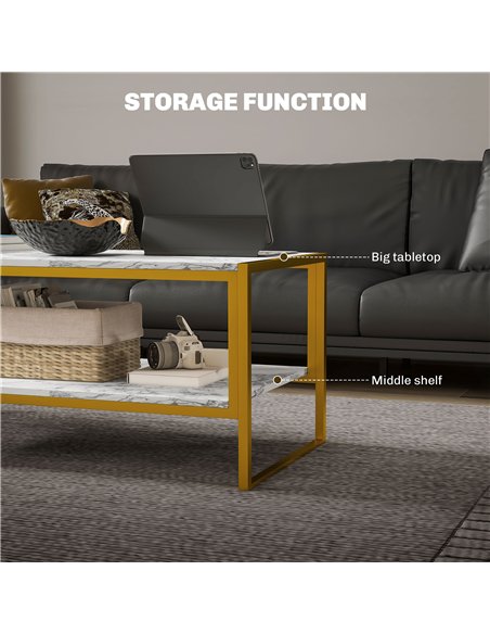 HOMCOM Coffee Table, Two-Tier Faux Marble Effect Centre Table with Metal Frame and Storage Shelf for Living Room, 106 x 50 x 45c