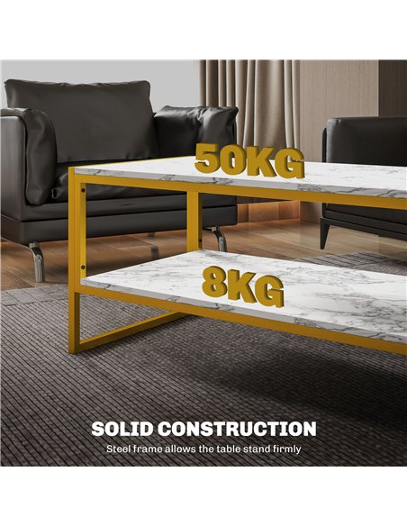 HOMCOM Coffee Table, Two-Tier Faux Marble Effect Centre Table with Metal Frame and Storage Shelf for Living Room, 106 x 50 x 45c