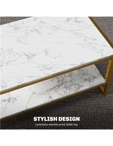 HOMCOM Coffee Table, Two-Tier Faux Marble Effect Centre Table with Metal Frame and Storage Shelf for Living Room, 106 x 50 x 45c