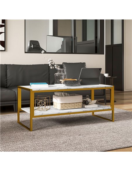 HOMCOM Coffee Table, Two-Tier Faux Marble Effect Centre Table with Metal Frame and Storage Shelf for Living Room, 106 x 50 x 45c