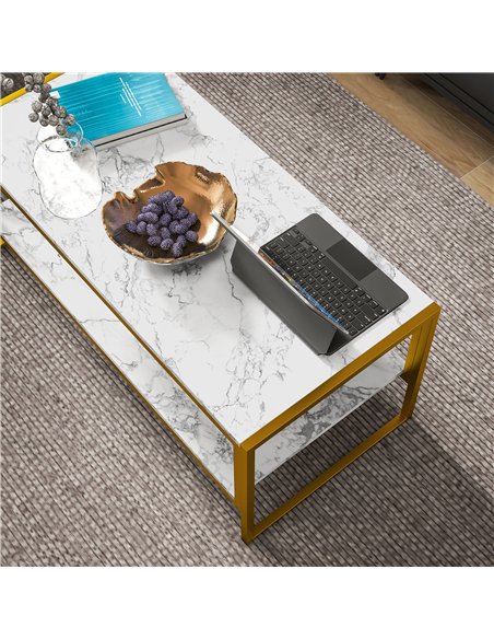 HOMCOM Coffee Table, Two-Tier Faux Marble Effect Centre Table with Metal Frame and Storage Shelf for Living Room, 106 x 50 x 45c