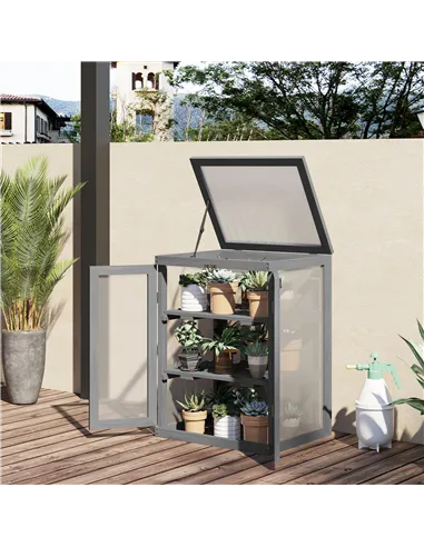 Outsunny 3-tier Wood Greenhouse Garden Polycarbonate Cold Frame Balcony Grow House w/ Storage Shelf for Plants, Flowers, Dark Gr