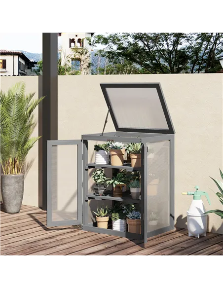 Outsunny 3-tier Wood Greenhouse Garden Polycarbonate Cold Frame Balcony Grow House w/ Storage Shelf for Plants, Flowers, Dark Gr