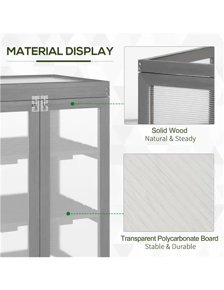 Outsunny 3-tier Wood Greenhouse Garden Polycarbonate Cold Frame Balcony Grow House w/ Storage Shelf for Plants, Flowers, Dark Gr