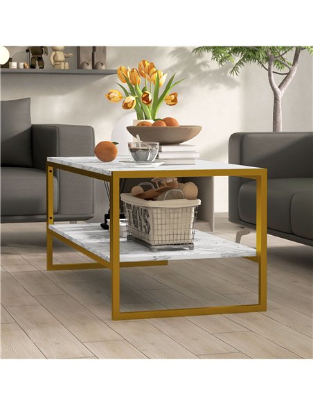 HOMCOM Coffee Table, Two-Tier Faux Marble Effect Centre Table with Metal Frame and Storage Shelf for Living Room, 106 x 50 x 45c