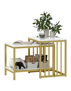 HOMCOM Modern Coffee Table Set of Two, Marble-Effect Nesting Side Tables with Steel Frame for Living Room, Gold Tone