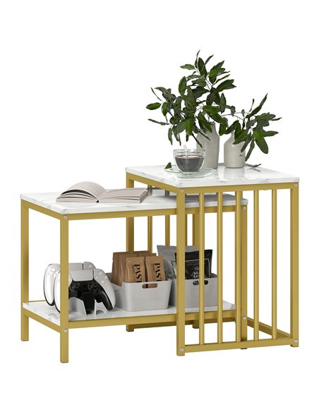 HOMCOM Modern Coffee Table Set of Two, Marble-Effect Nesting Side Tables with Steel Frame for Living Room, Gold Tone