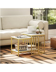 HOMCOM Modern Coffee Table Set of Two, Marble-Effect Nesting Side Tables with Steel Frame for Living Room, Gold Tone 2