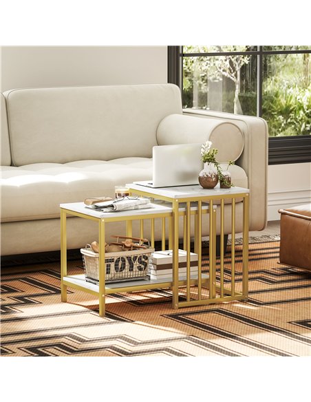 HOMCOM Modern Coffee Table Set of Two, Marble-Effect Nesting Side Tables with Steel Frame for Living Room, Gold Tone