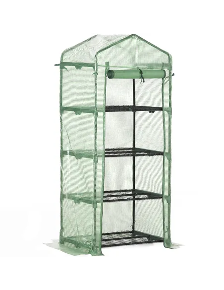 Outsunny 4 Tier Mini Greenhouse, Portable Compact Green House with Steel Frame, PE Cover, Roll-up Door, 70 x 50 x 160 cm, Green