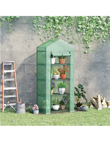 Outsunny 4 Tier Mini Greenhouse, Portable Compact Green House with Steel Frame, PE Cover, Roll-up Door, 70 x 50 x 160 cm, Green