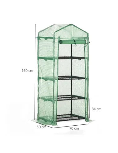 Outsunny 4 Tier Mini Greenhouse, Portable Compact Green House with Steel Frame, PE Cover, Roll-up Door, 70 x 50 x 160 cm, Green