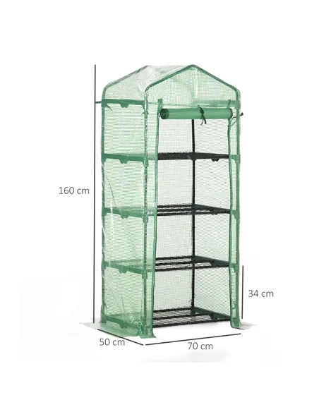 Outsunny 4 Tier Mini Greenhouse, Portable Compact Green House with Steel Frame, PE Cover, Roll-up Door, 70 x 50 x 160 cm, Green