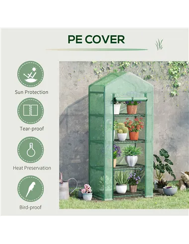 Outsunny 4 Tier Mini Greenhouse, Portable Compact Green House with Steel Frame, PE Cover, Roll-up Door, 70 x 50 x 160 cm, Green
