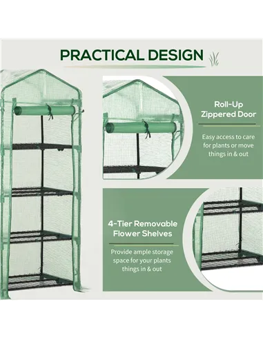 Outsunny 4 Tier Mini Greenhouse, Portable Compact Green House with Steel Frame, PE Cover, Roll-up Door, 70 x 50 x 160 cm, Green