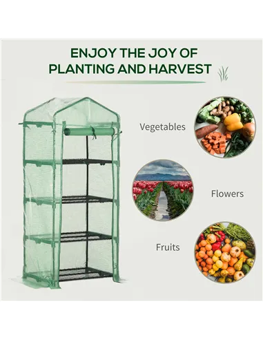 Outsunny 4 Tier Mini Greenhouse, Portable Compact Green House with Steel Frame, PE Cover, Roll-up Door, 70 x 50 x 160 cm, Green