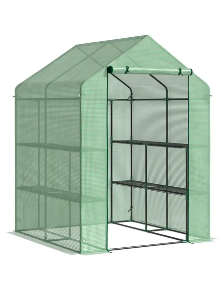 Outsunny Walk in Greenhouse with Shelves Steeple Green House for Garden Grow House Removable Cover 143x138x190cm, Green