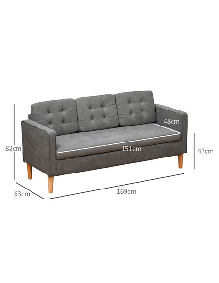HOMCOM Modern 3 Seater Sofa with Hidden Storage, 169cm Tufted Cotton Couch with Wood Legs, Compact Sofa for Living Room, Grey