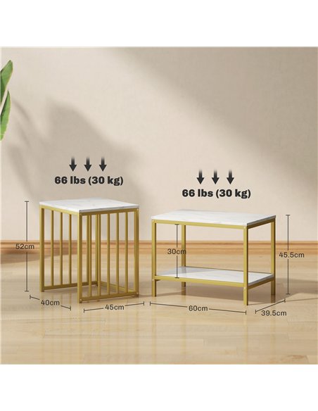 HOMCOM Modern Coffee Table Set of Two, Marble-Effect Nesting Side Tables with Steel Frame for Living Room, Gold Tone